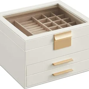 SONGMICS Jewellery Box with Glass Lid, 3-Layer Jewellery Storage Organiser with 2 Drawers, Plenty of Storage, Modern, Gift Idea, 20.3 x 23.1 x 13.5 cm, Cloud White and Gold JBC239WT