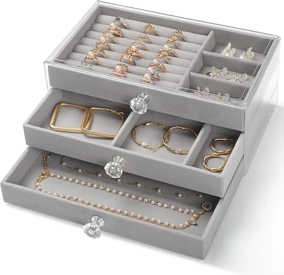 CHARMDI Acrylic Jewellery Box for Women with 3 Drawers, Girls Jewellery Storage with Dividers,Organiser box for Rings Bangle Bracelet Necklace and Earring Grey