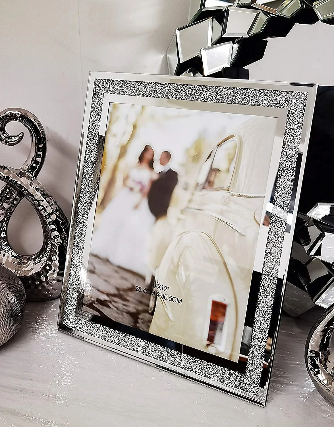 Glass Photo Frame Jewel Mirror Silver Loose Diamante Crushed Crystal Home Decor Photo Frame Sparkle Gift Wedding Friends For Desk (A4 Size)