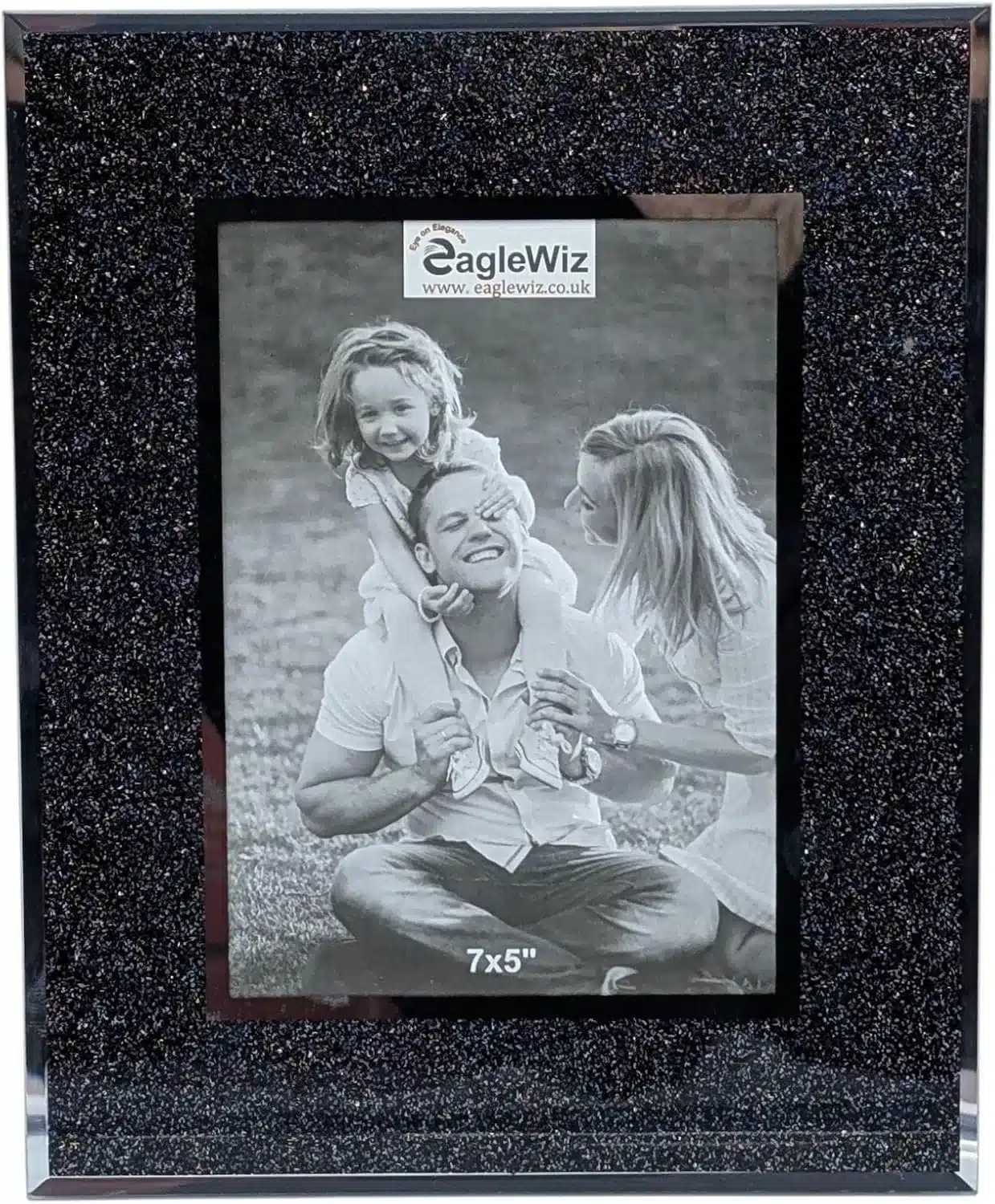 EAGLEWIZ Black Glitter Picture Mirror Glass Bling Glass Photo Frame with Silver Sparkle Mix Photo Frame 7" x 5" (18cm x 13cm)