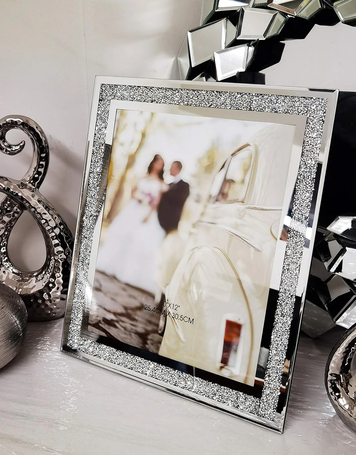GLASS PHOTO FRAME JEWEL MIRROR SILVER LOOSE DIAMANTE NEW CRYSTAL DECOR MIRROR PHOTO FRAME SPARKLE GIFT WEDDING FRIENDS FOR DESK (10 x 8 inches)