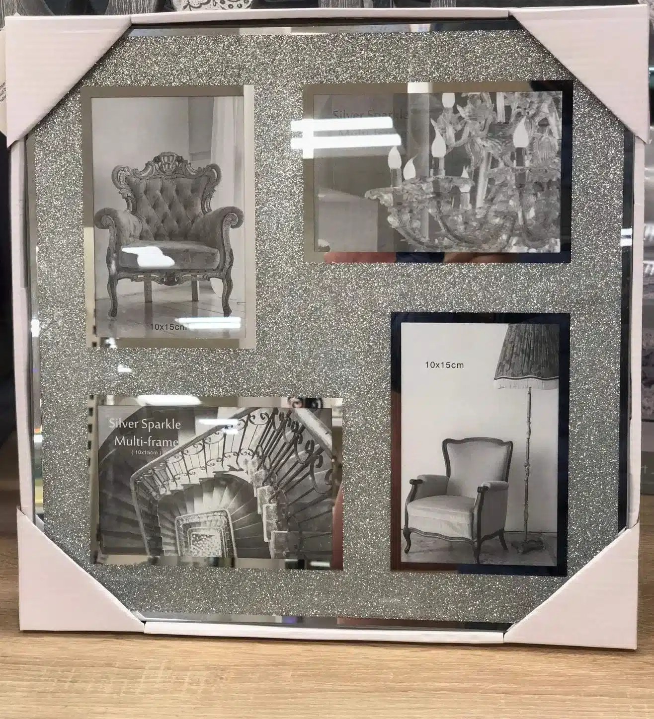 Aperture 4 Picture Photo Frame Hold 4 Picture Silver Mirrored Crushed Jewel Crystal Diamante 6”X4”