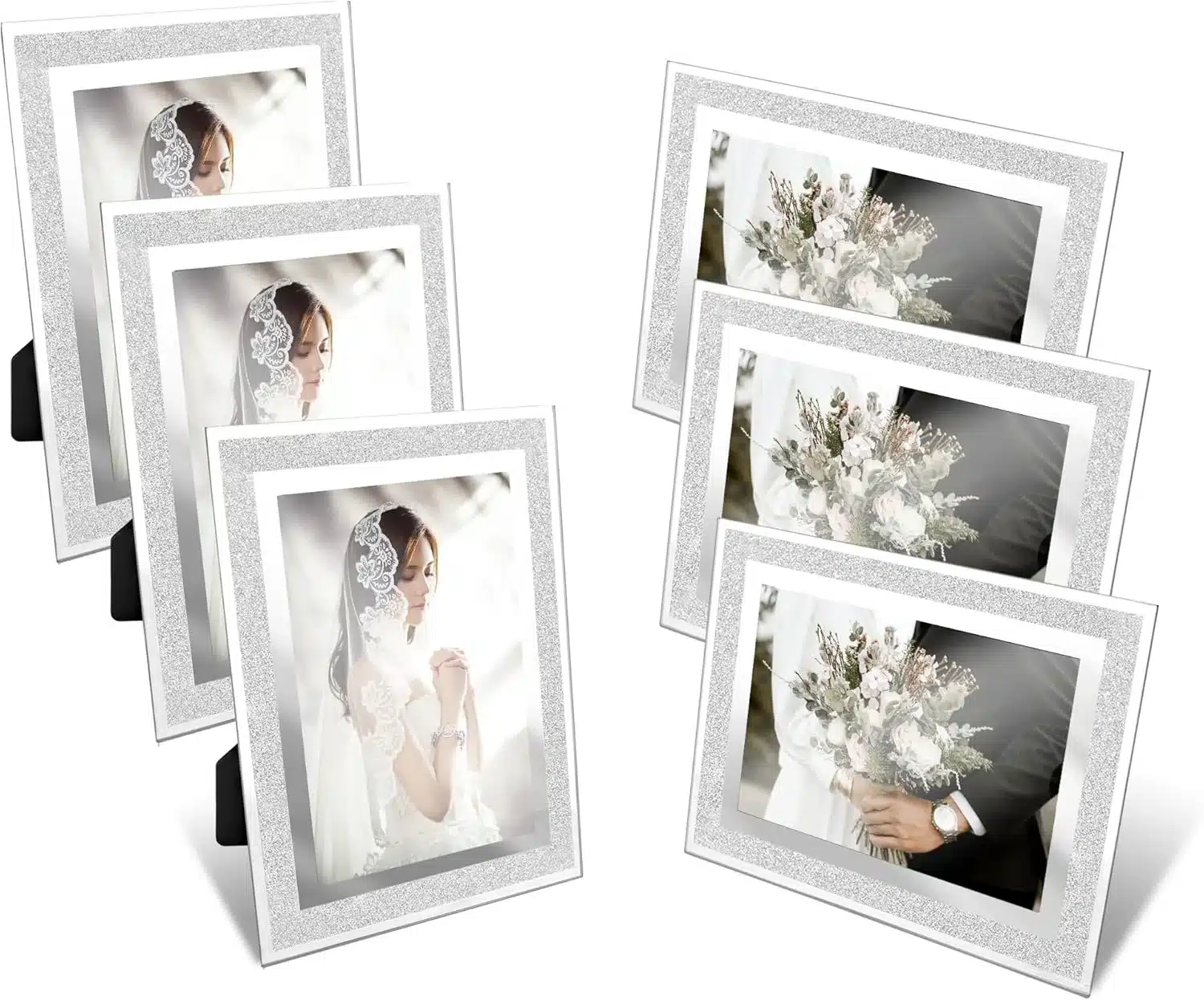 6 Pack Glitter Glass Photo Picture Frames 6x4, Crushed Crystal Photo Frame Vertically Or Horizontally, Silver Sparkly Picture Frames for Wedding Photos Display Home Table
