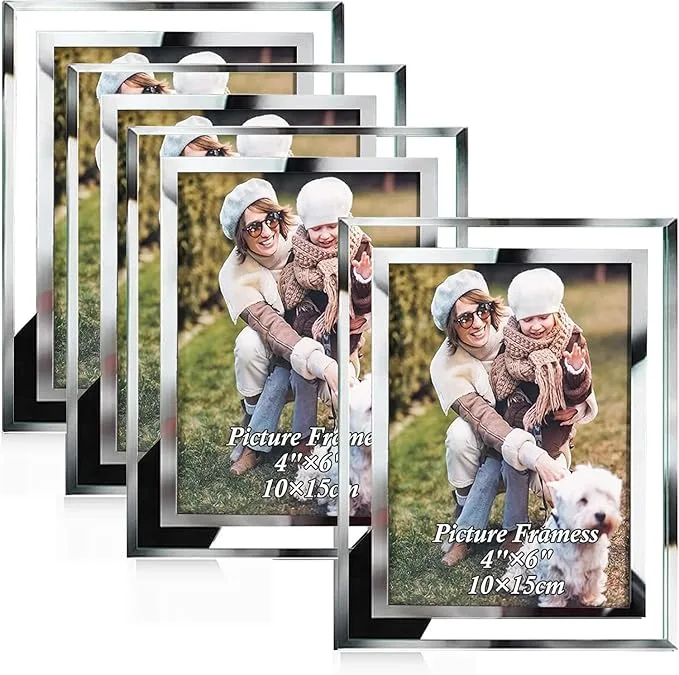 Abaigeal 4 Pack 6 x 4 Inch Photo Frames, Silver Mirrored Glass Picture Frames, Glass Photo Frames for Tabletop Display Horizontally or Vertically, and Home Office Decoration