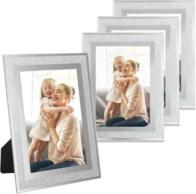 Abaigeal 4 Pack 6 x 4 Inch Glass Photo Picture Frames, Glitter Picture Frame Crystal Picture Frame Wall Decor Mirror Picture Frames Decor for Graduate Wedding Home Table - Silver