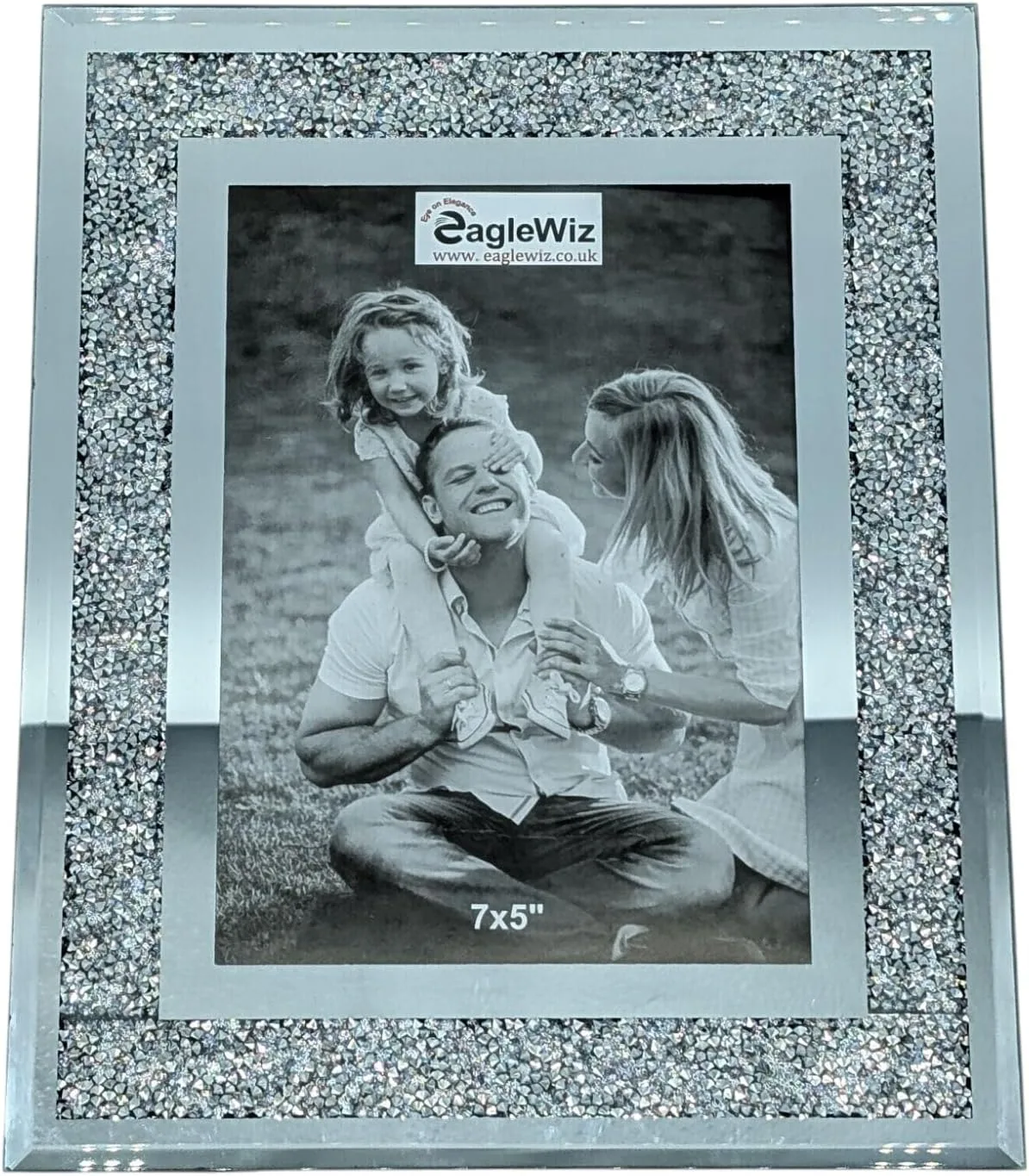 EagleWiz Crushed Jewel Mirror Glass Photo Frame - Elegant Silver Crystal Picture Frame for Photos and Art Room Decor Size 7" x 5" (18cm x 13cm)