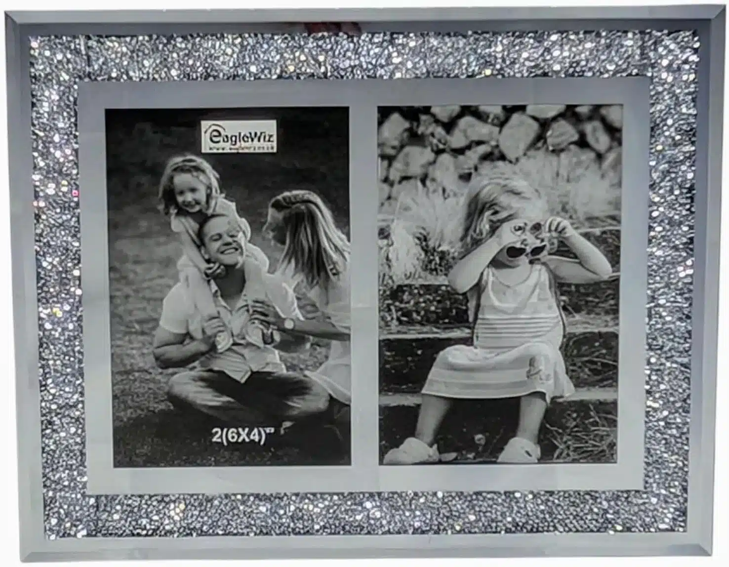 EagleWiz GLASS MIRRORED CRUSHED CRYSTAL DIAMOND,DOUBLE PHOTO FRAME,TWO PHOTOS SILVER