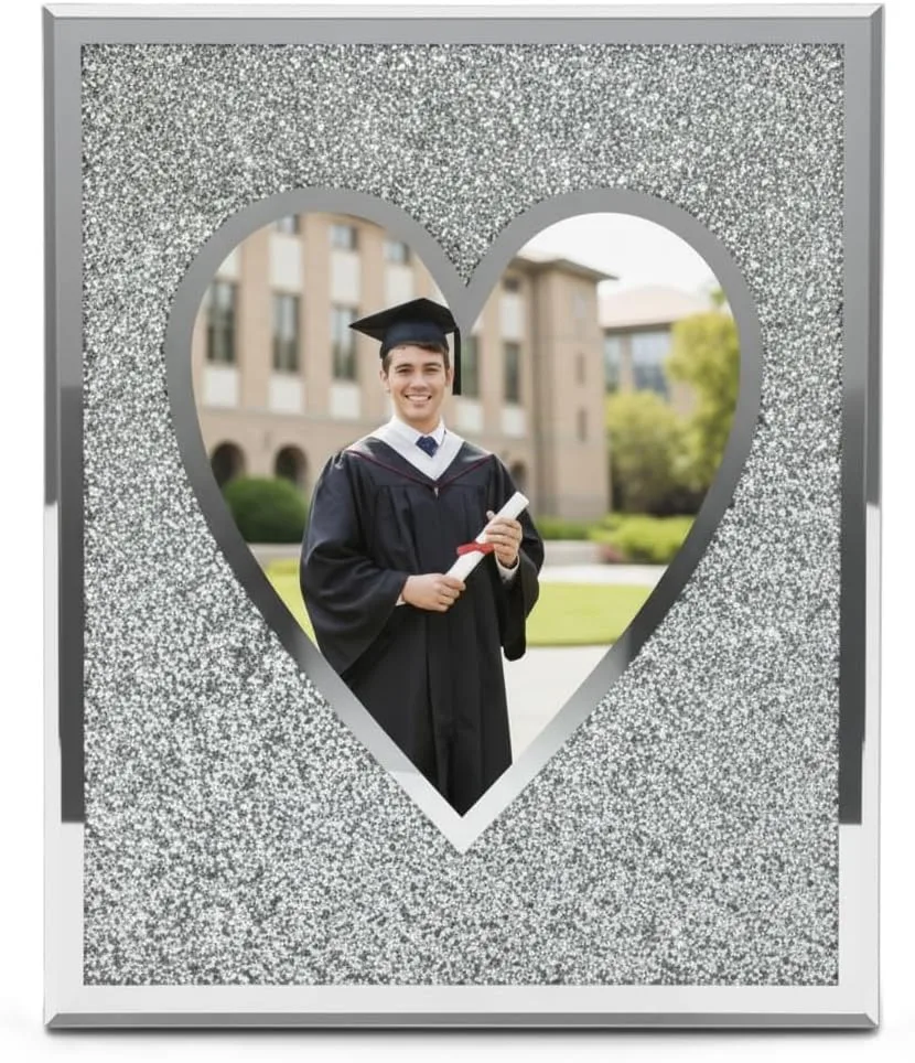EagleWiz Silver Glitter Heart Crushed Diamond Jewel Crystal Mirror Glass Diamante Picture Frame Wedding Photo Frame 6" x 8"