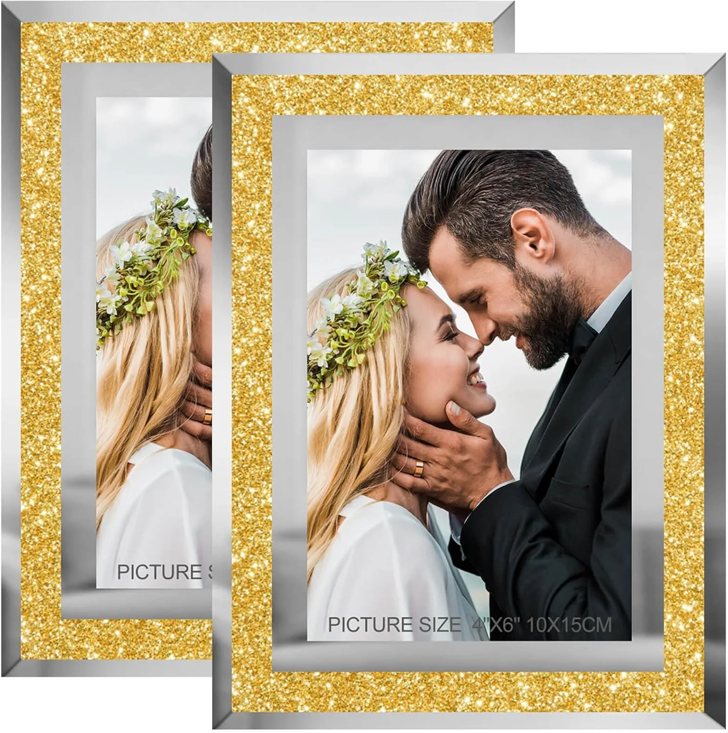 4x6 Picture Frames Gold - Set of 2, Sparkle Real Glass Photo Frame 4 by 6 with Silver Mirrored Edge, for Tabletop Display, Wedding Birthday Christmas Day Gifts (4 x 6, Glitter Gold)