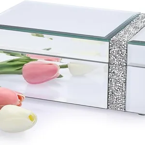 Mirrored Jewelry Box with Silver Crushed Diamonds, Glass Jewerly Box with Black Inner Velvet Necklaces Earrings Rings Storage Case for Dresser Desktop Party Brithday Gift, White Side Diamond