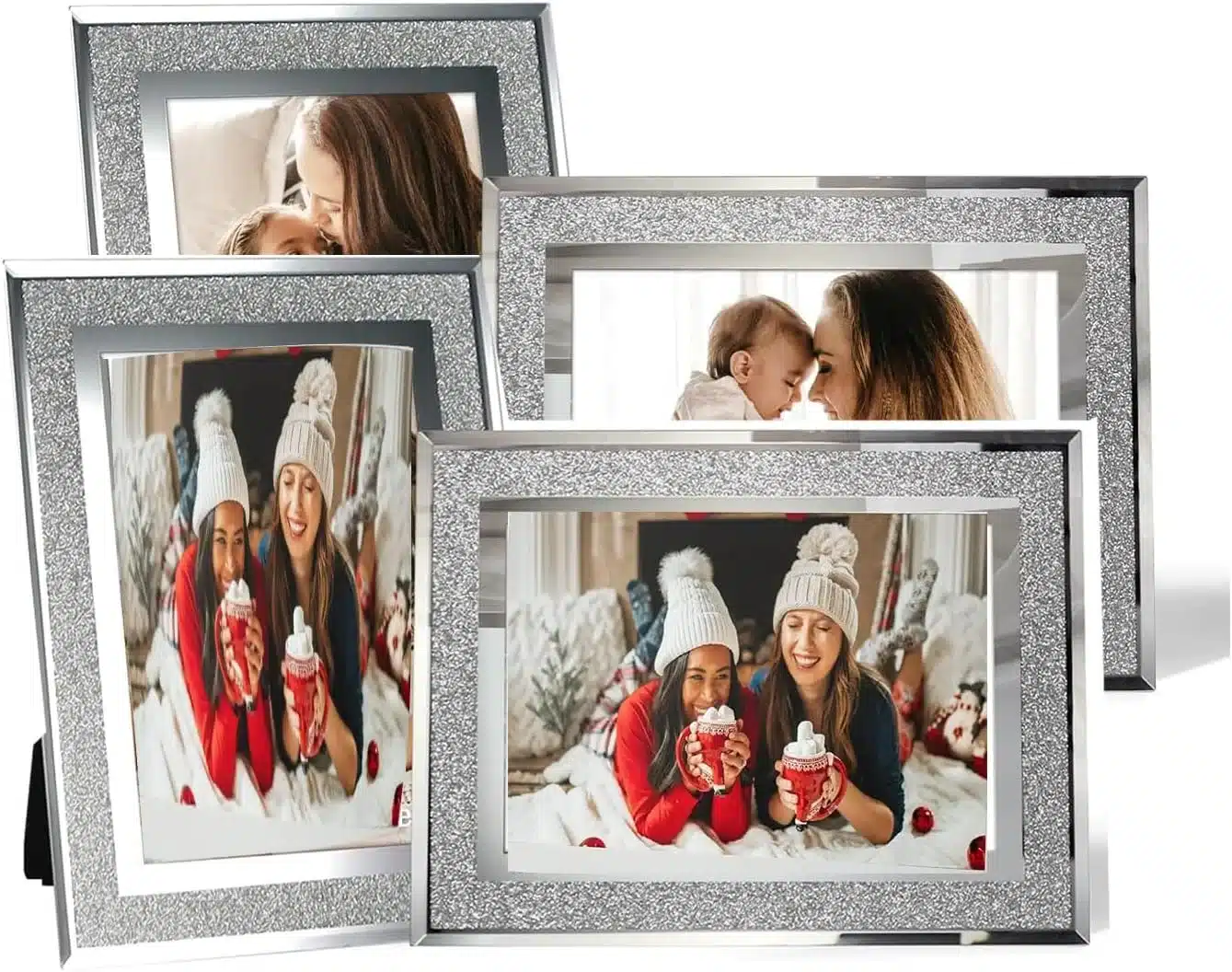 MIVIDE 4PCS 6x4 Photo Frames, Silver Crystal Picture Frames, Glass Picture Frames, Sparkly Photo Frame for Wedding Vertically or Horizontally Display