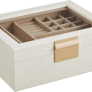 SONGMICS Jewellery Box with Glass Lid, 2-Layer Jewellery Organiser with Removable Tray, Jewellery Storage, Modern Style, Gift for Loved Ones, Cloud White and Metallic Gold JBC238W01