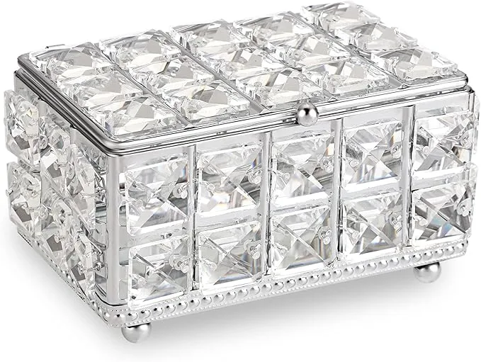 SUMNACON Crystal Jewelry Box Trinket Organizer, Rectangle Silver Trinket Storage Box with Lid, Decorative Jewelry Trinket Box Holder for Earrings Ring Necklace